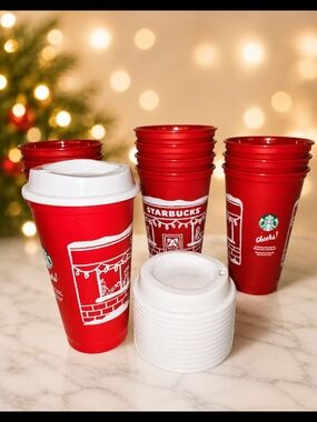 10 Total!!2025 Starbucks Red Holiday Reusable Cups with White Lids